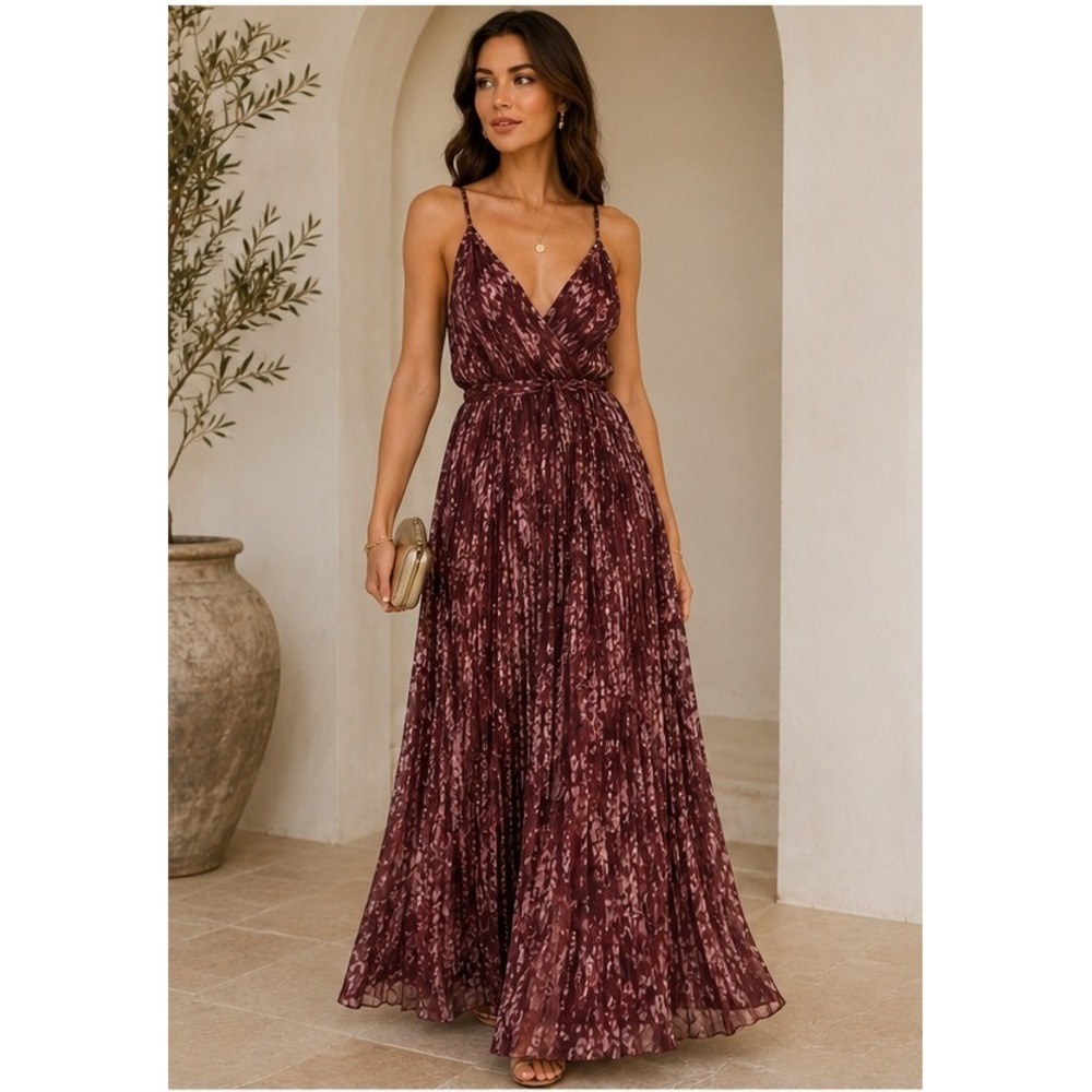 Fame & Partners Maxi Dress Women 6 Burgundy Snakeskin Pleated Open Back Gown